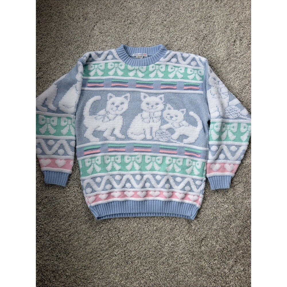 Vintage 80s Pastel Knit Sweater Cat Kitten Animal Cute ROSE Fairy Grandma Size S